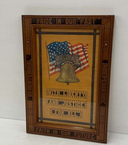 Patriotic Wooden Framed Wall Art with Liberty Bell and American Flag image