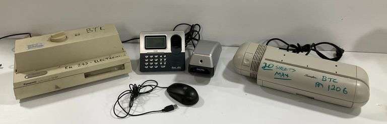 Office Equipment Lot - Electric 3-Hole Punch, Electric Punch, Pencil Sharpener, FingerTec TA300, HP Mouse...not tested image