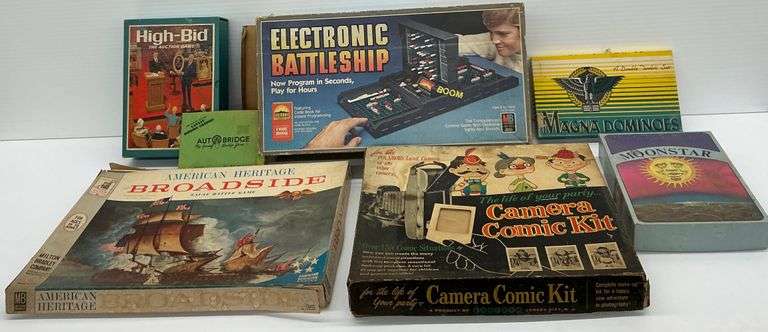 Collection of Vintage Board Games - High-Bid, Battleship, Broadsides, Camera Comic image