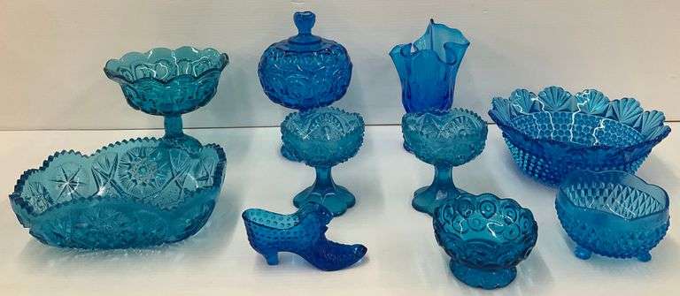 Group of Vintage Blue Glassware - Bowls, Vases, and More image