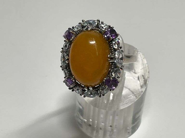 Sterling Silver Lemon Drop Yellow Jade, Multi Amethyst & CZ Gemstone Ring...Size 9 image