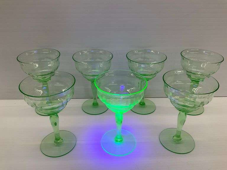 Seven Uranium Green Depression Glass Footed Glasses image