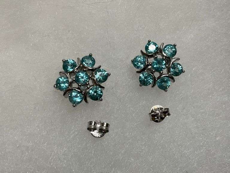 Floral Design Sterling Silver Earrings with Blue Gemstones image