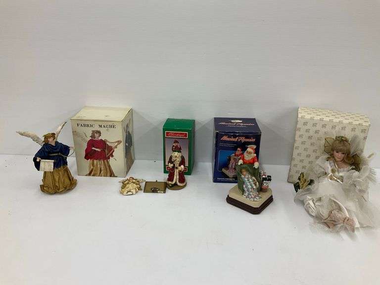 Assorted Christmas Decor: Fabric Mache Angel, Lloyd Christmas Santa, Celestial Fiber Optic Doll image