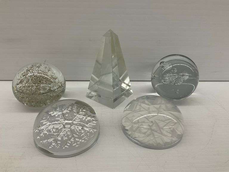 Collection of Five Lead Crystal Paperweights - Obelisk and Spherical Designs image