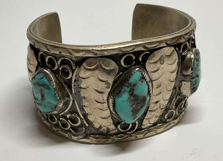 Mexican Sterling Silver Cuff Bracelet with Turquoise Stones image