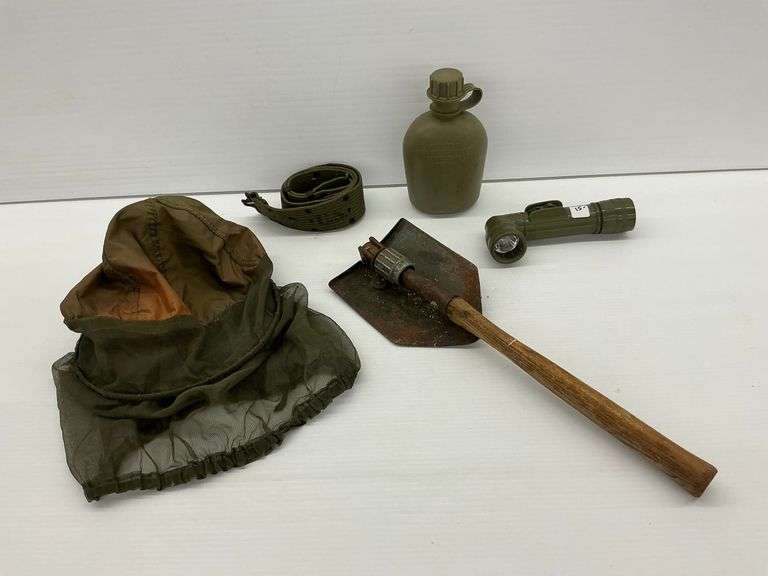 Military Issue Lot: Canteen, Shovel, Flashlight, Belt, and Mosquito Head Net image