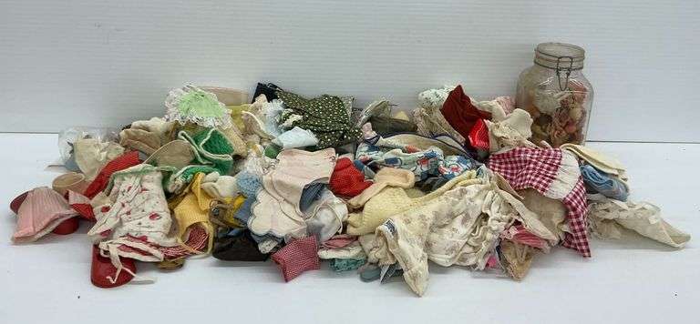 Jar of Vintage Small Dolls & Doll Parts and Large Lot of Doll Clothes image