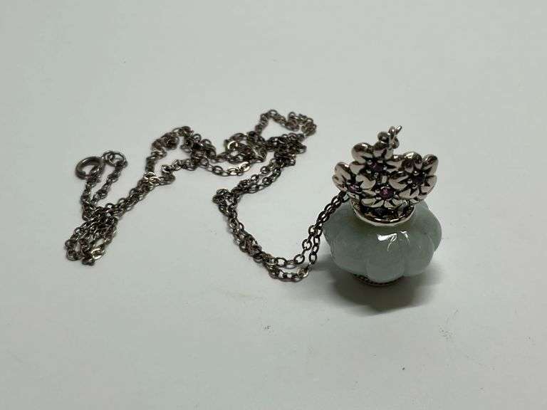 Sterling Silver Green Jade & Pink Tourmaline 1.25 in. Flower Vase Pendant...19 in. Necklace image