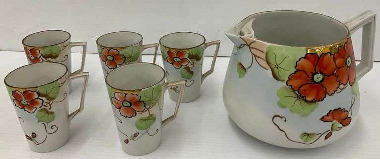 Vintage Hand Painted Nippon Pitcher and Cups Set image