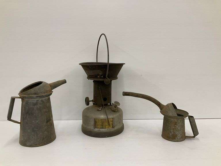 Vintage Metal Oil Cans and Gas Heater Lot image