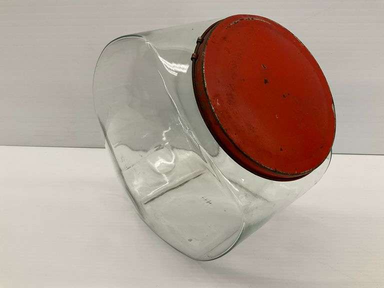 Large Glass Store Candy Jar with Red Metal Lid image