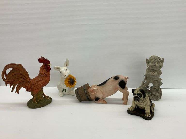 Collection of Statues: Rooster, Rabbit, Pig, Gnome, and Bulldog image