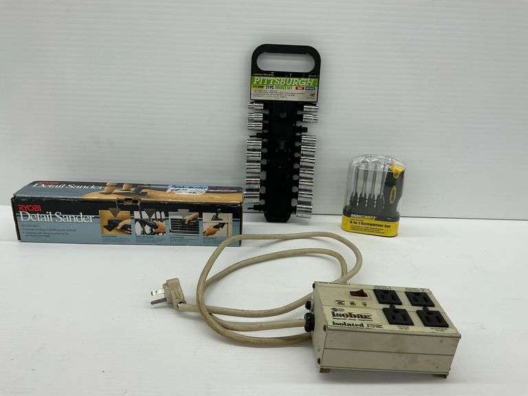 Ryobi Detail Sander, Pittsburgh Socket Set, Maxcraft Screwdriver Set and Surge Suppressor image