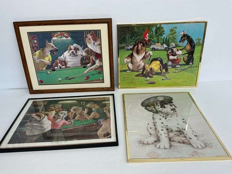 Dog Art Prints Featuring Pool, Golf, and Military Themes (Lot of 4) image
