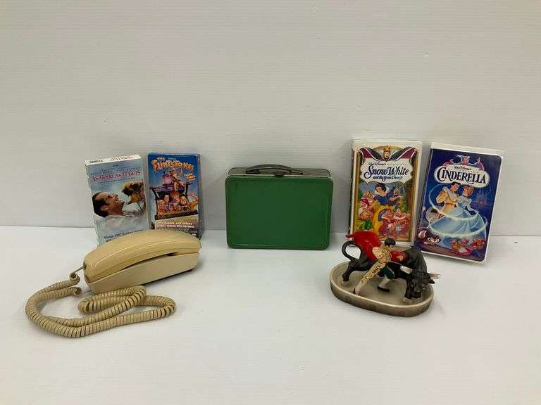 Bullfighter Figurine, VHS Tapes, Rotary Phone, and Craft Supplies image