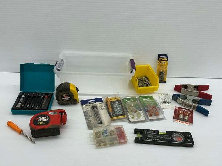 Mixed Lot of Hand Tools - Makita Drill Bits, Levels, Tape Measures, and More image