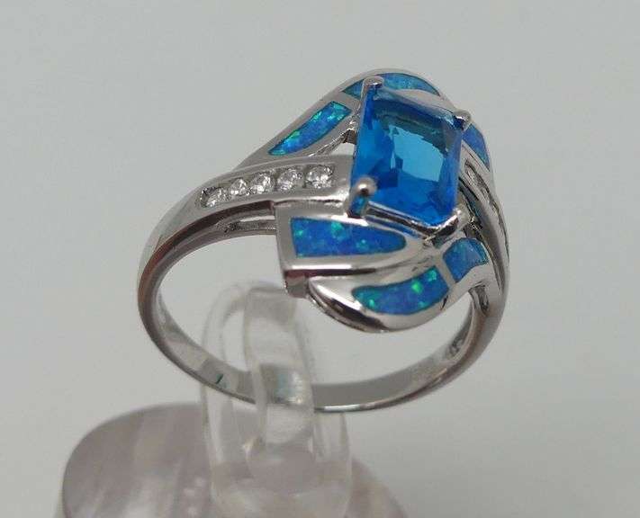 Sterling Silver Ring with Blue Stone and Inlaid Opals- Size 9 image