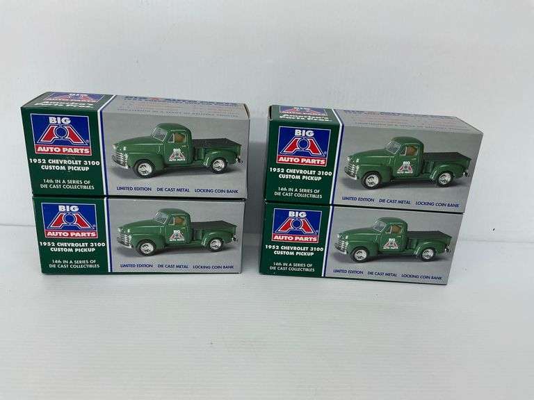 Four BIG A Auto Parts 1952 Chevrolet 3100 Custom Pickup Diecast Truck Coin Banks image