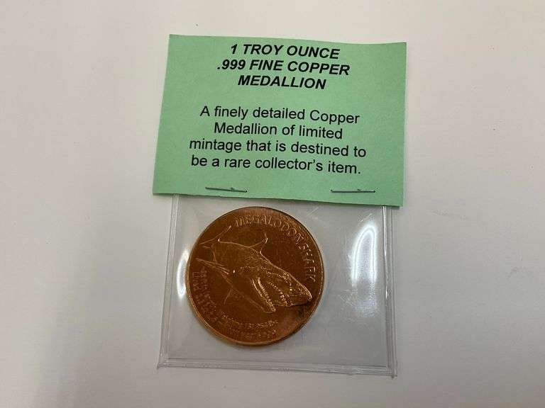1 Troy Ounce .999 Fine Copper Medallion Megalodon Shark Design image