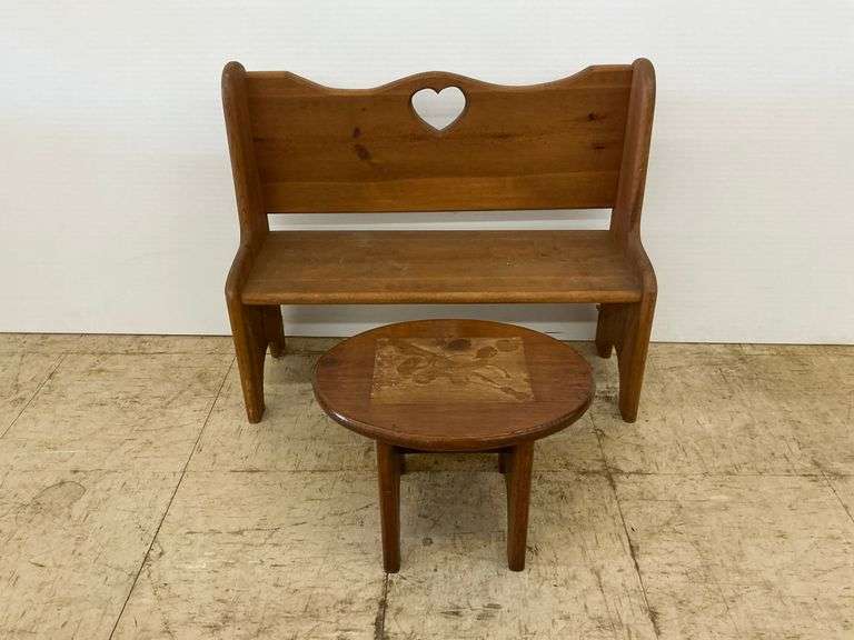 Wooden Child's Bench with Heart Detail and Stool image