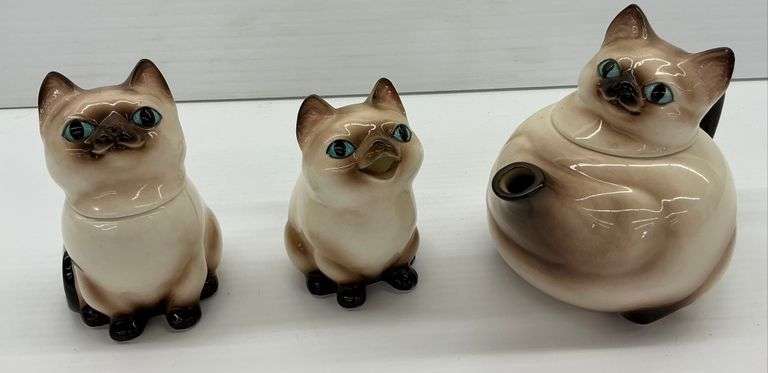 Vintage Norcrest Siamese Cat Teapot and Creamer & Sugar Set image