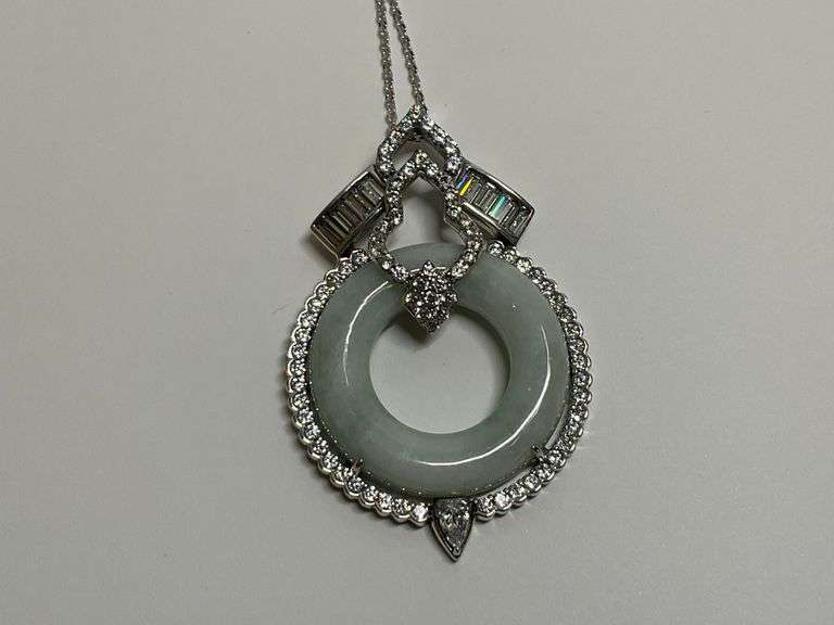 Sterling Silver Green Jade Muti Baguette & Round CZ Gem 2 in. Pendant...18 in. Necklace image