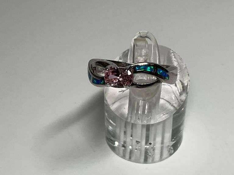 Sterling Silver, Pink Tourmaline & Multi Inlaid Opal Gemstone Ring...Size 8.75 image
