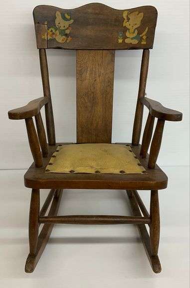 Child's Vintage Wooden Rocking Chair with Painted Bear Designs image