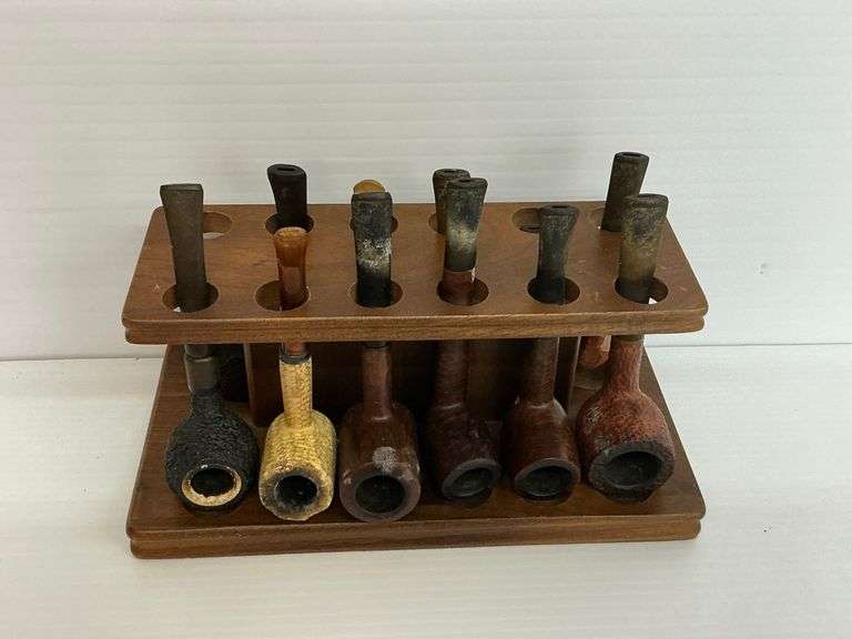 Collection of Assorted Smoking Pipes with Wooden Rack image