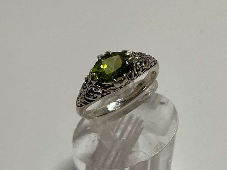 Sterling Silver Oval Cut Green Garnet Gemstone Ring w/Filigree Frame Design...Size 6.75 image