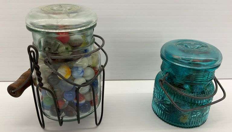 Two Vintage Glass Jars with Marbles image