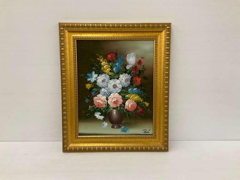 Floral Still Life Artwork Signed 'Paul' in Ornate Gold Frame image
