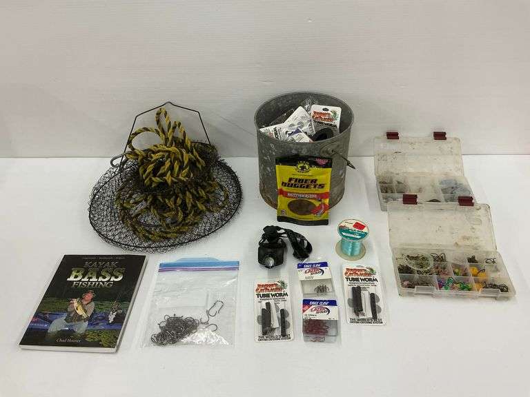 Fishing Gear: Basket, Tackle Boxes, Hooks, Lures, Book and More image