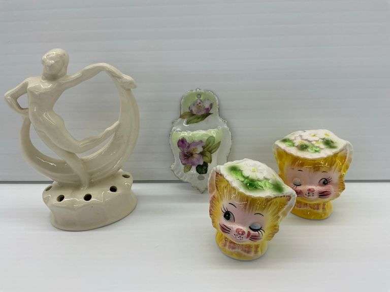 German Match Holder, Art Deco Flower Frog, Enesco Kitty Salt & Pepper Shakers image