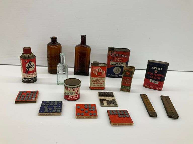 Group of Advertising Memorabilia, Bottles, and Marking Tools image