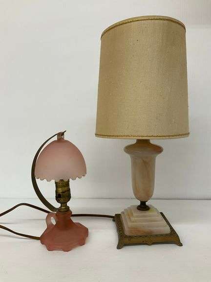 Pair of Table Lamps, Pink Satin Glass and Marbled Stone, work image