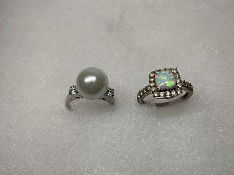 Two Sterling Silver Rings - Pearl and Opal Style image