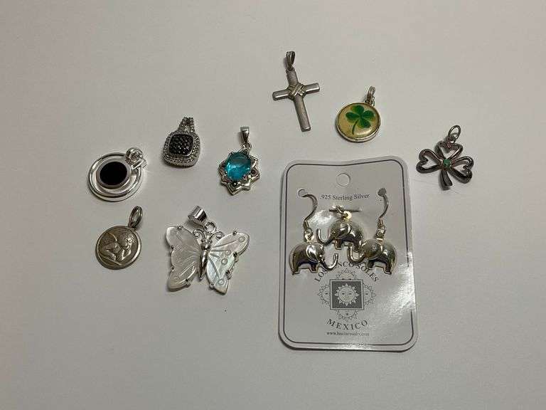 Sterling Silver Pendants and Earrings Lot - Butterfly, Cross, Elephant, and More image