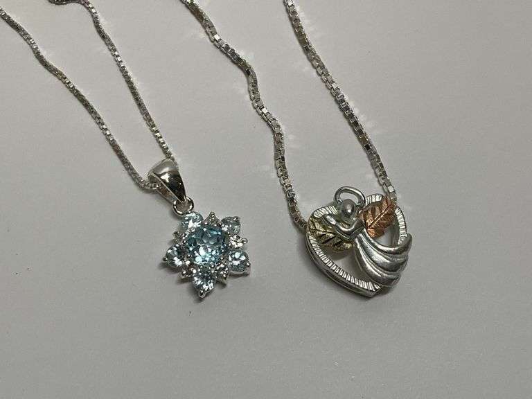 Two Sterling Silver Necklaces: Flower & Heart Pendant Necklaces image