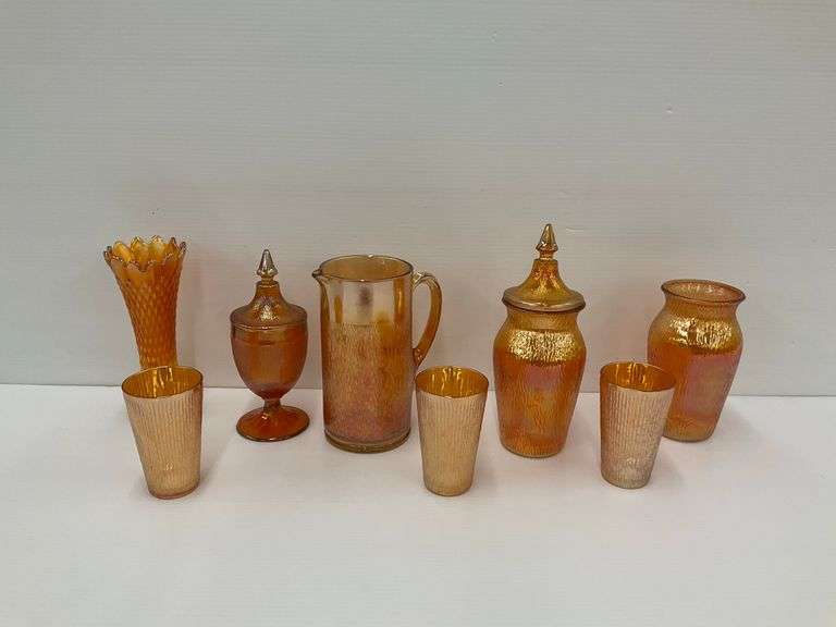 Carnival Glass Pitcher, Vases and Tumblers image