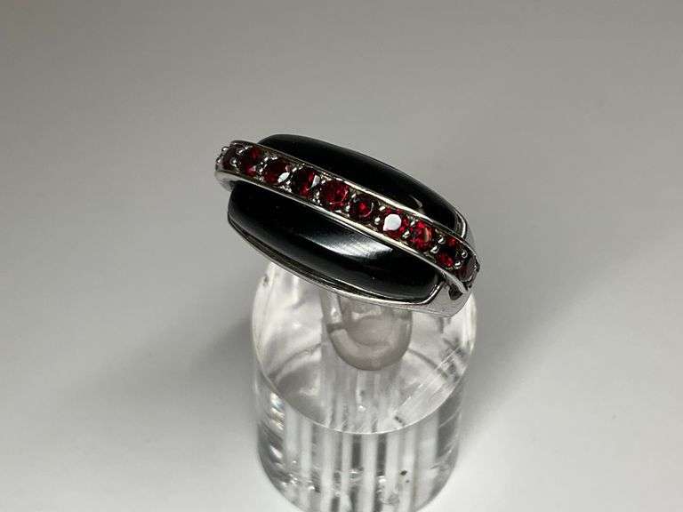 Sterling Silver Black Onyx & Multi Garnet Gemstone Ring...Size 8 image