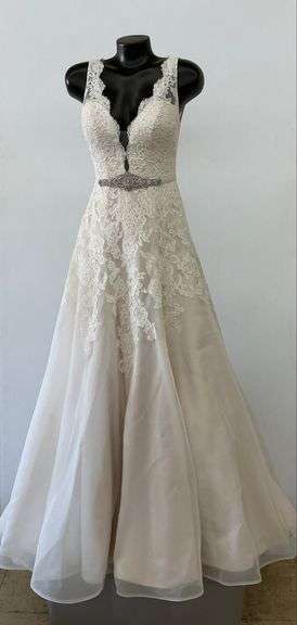 Paloma Blanca Size 10 Lace Wedding Gown with Embellished Belt - Mannequin Not Included image