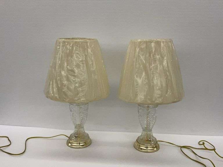 Pair of 3-Way Glass Table Lamps with Pleated Shades, work image