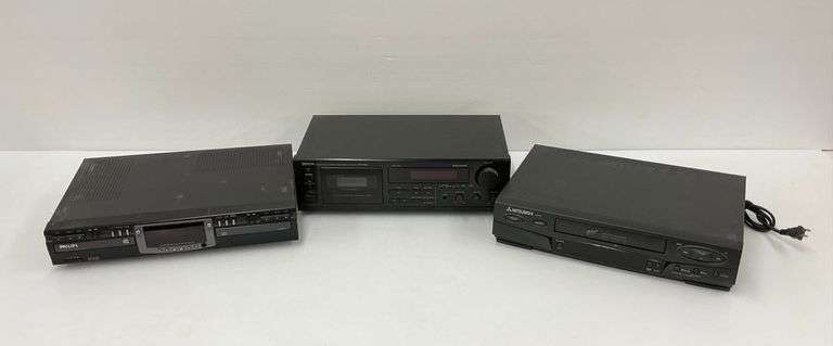 Audio Equipment Lot: Philips CD Recorder, Denon Cassette Deck, Mitsubishi VCR, power on image