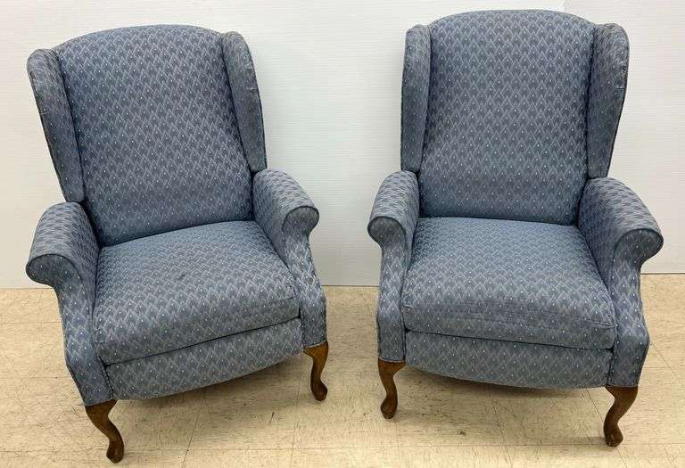 Pair of Wingback Recliner Chairs in Blue Patterned Fabric... some stains/see photos image