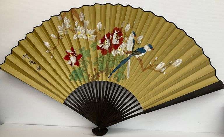 Hand Painted Folding Wall Fan with Birds and Flowers image