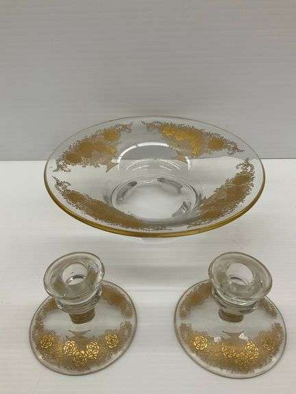 Vintage Glass Console Bowl and Candle Holders with Gold Floral Design image