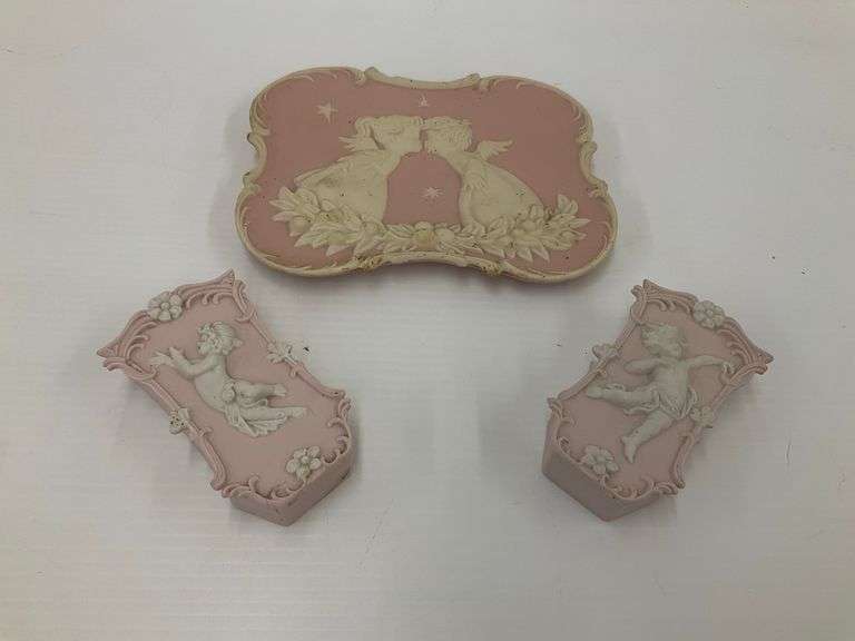 Pink Chalkware Wall Pockets & Tray: Angels and Floral Motifs image