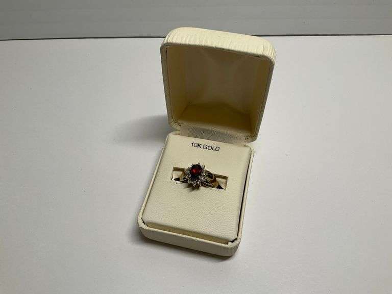 10K Gold Ring with Diamonds and Red Statement Stone..Size 5.75 image